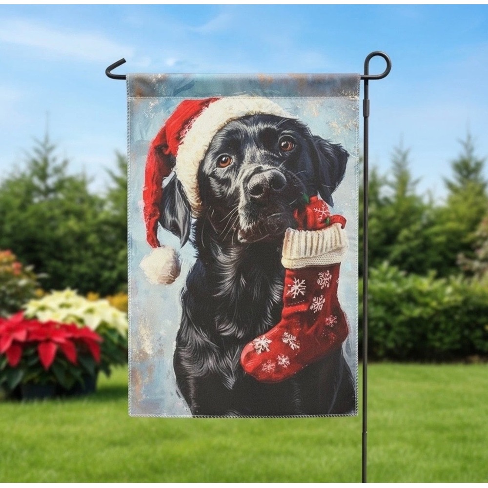 Black Lab Christmas Garden Flag 12x18 Holiday Dog‎ Santa Hat Stocking Banner